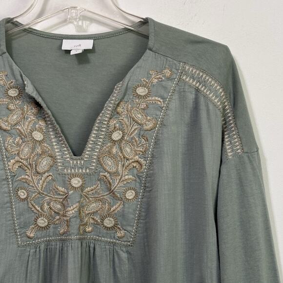 J Jill Embroidered Shirt Top S Sage Green V Neck 3/4 Sleeve Boho Casual Floral - Picture 3 of 9